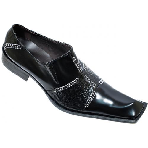 Zota Black Crocodile Print With White Custom Stitching Diagonal Toe Leather Shoes G901- 8